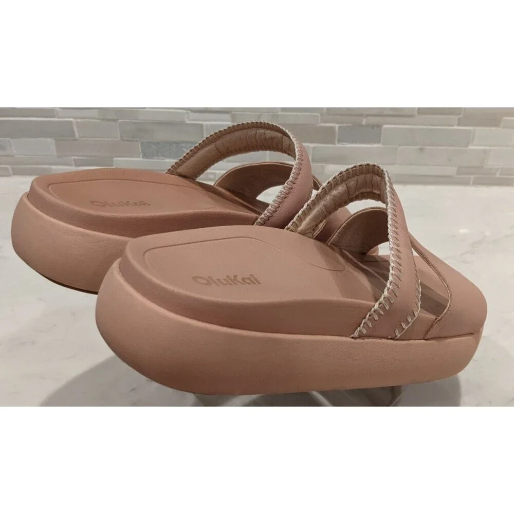 Women's OluKai PAE 2-Strap Leather Platform Sandals in Soft Pink Size 9 - Picture 10 of 13